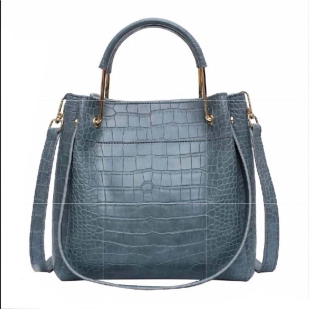 New Croc Embossed Vegan Leather Satchel Bucket Handbag Purse Modern Blue